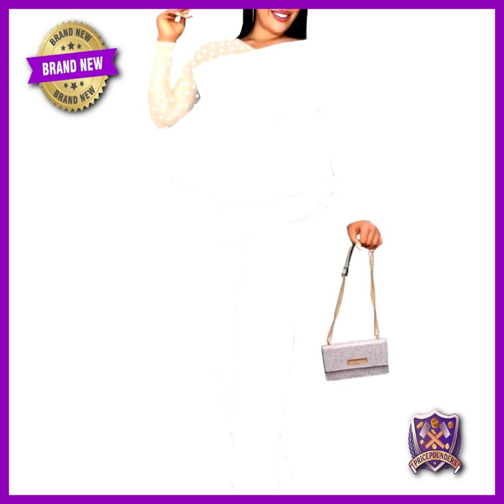 White Mesh Patchwork Bead Long Sleeve Peplum Jump… - image 1